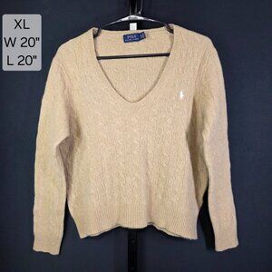 Polo Ralph Lauren Sweater Womens XL Tan Cable Knit Cropped V-Neck Preppy Academi